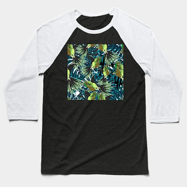 Macaw And Tropical Leaves Vector Seamless Print Baseball T-Shirt by MichelMM